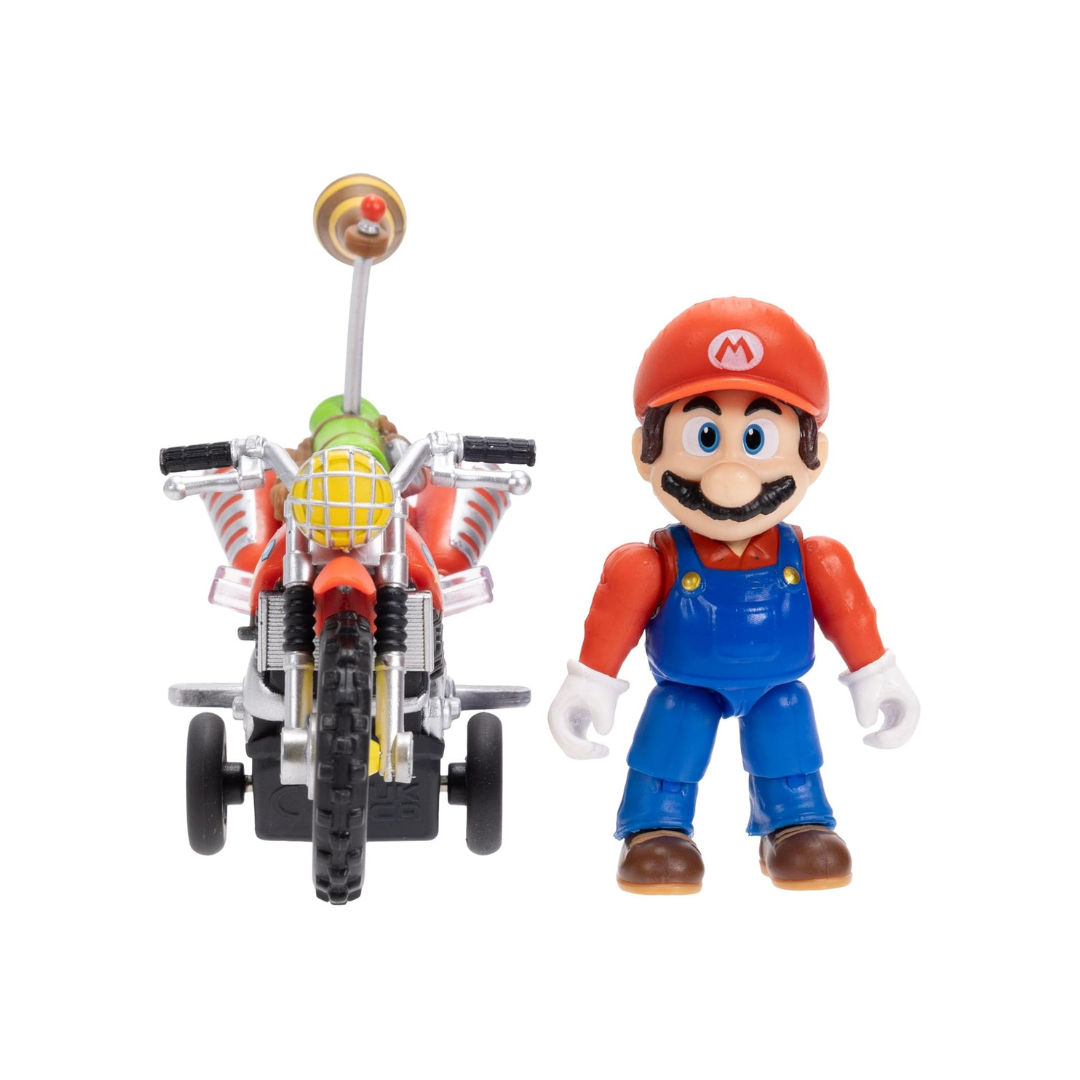 Figura de ação de Mario e mota vermelha com capacete e detalhes coloridos