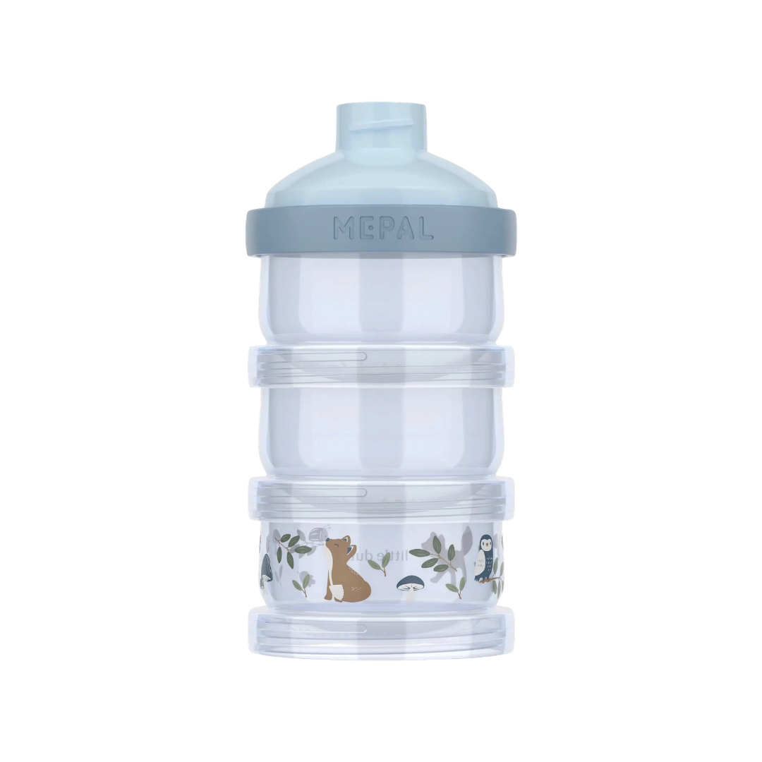 Garrafa doseadora transparente com tampa azul claro e design com ilustrações de animais.