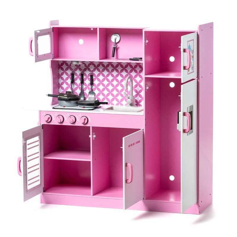 Cozinha de brincar de madeira rosa e branca com portas abertas e utensílios