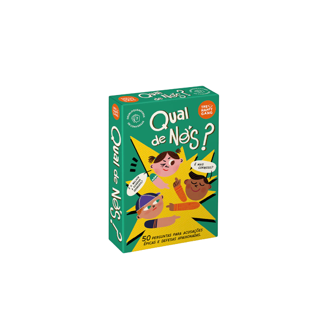 Caixa do jogo de cartas 'Qual de Nós?' com ilustração de três personagens em fundo verde
