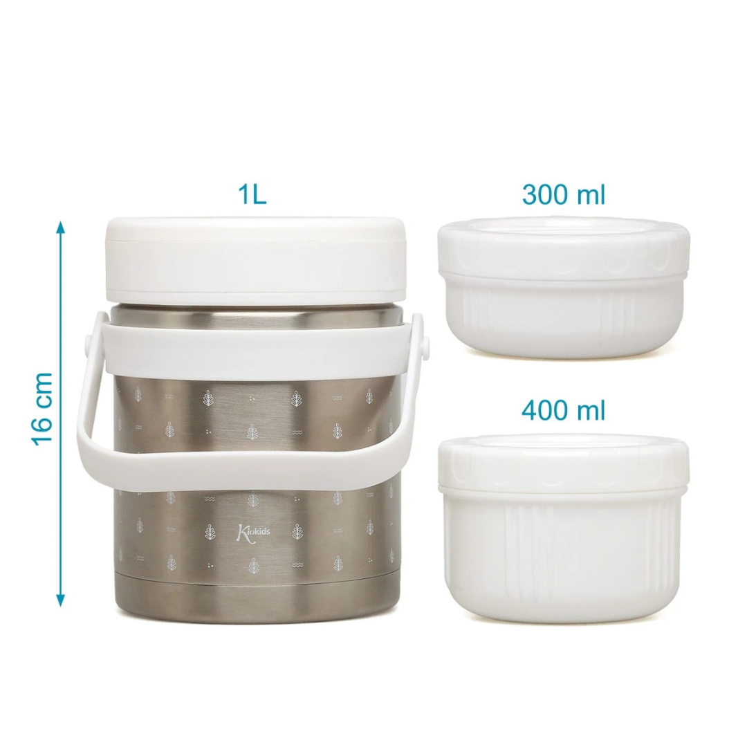 Conjunto térmico com recipiente inox 1L e dois recipientes plásticos brancos 300ml e 400ml