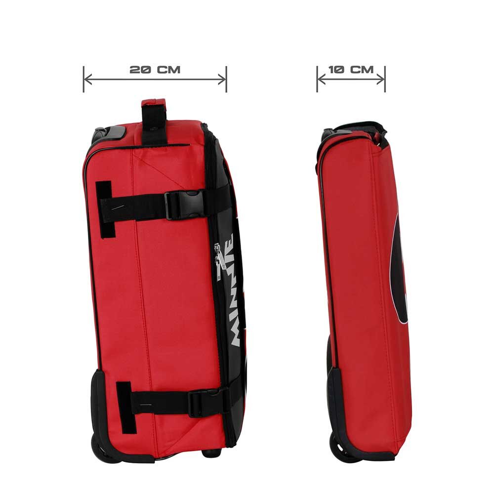 Mala de viagem vermelha vista de lado com medições