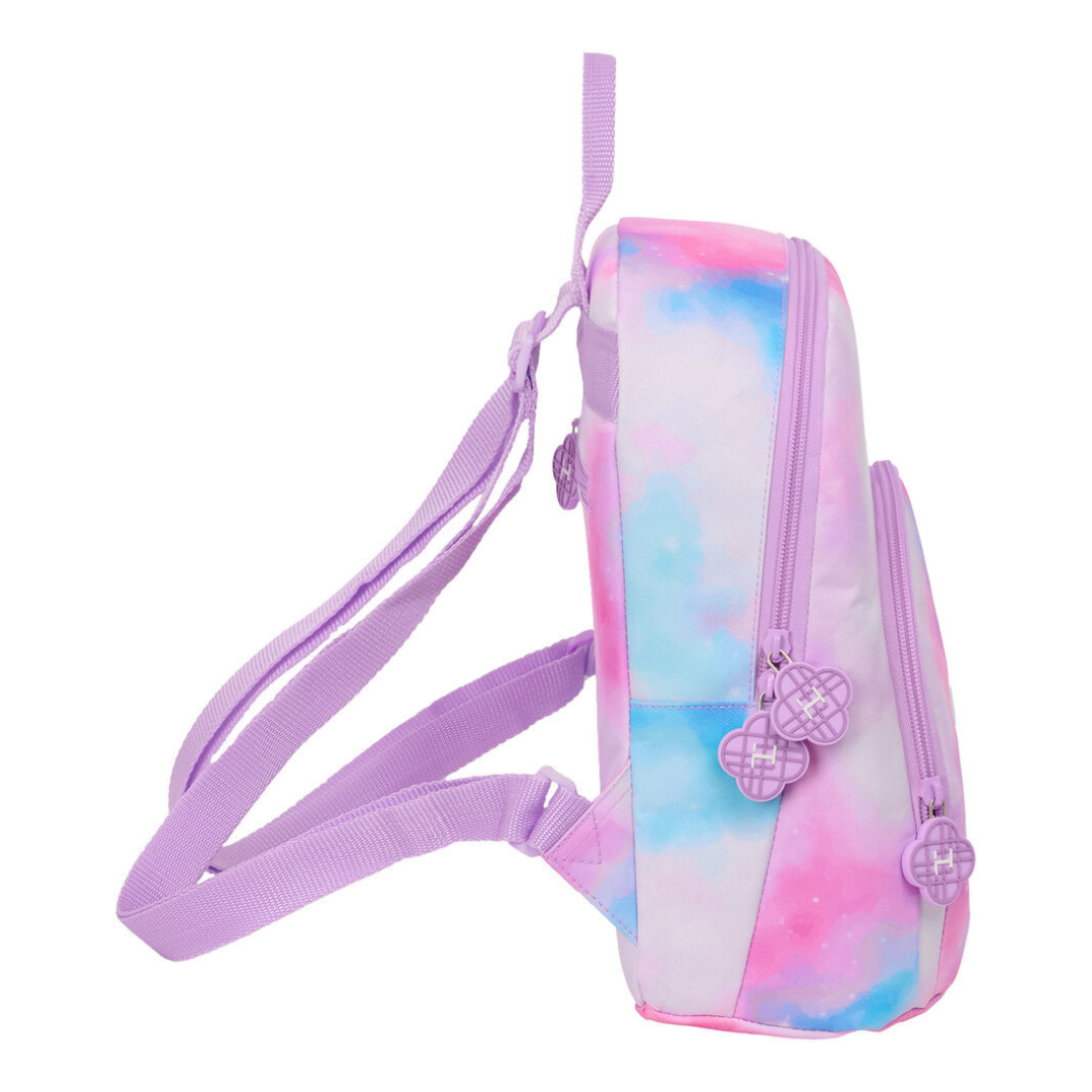 Mochila pequena em tons de rosa, azul e roxo com alças roxas