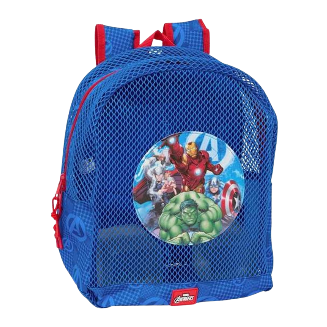 Mochila azul Avengers com imagem dos heróis e rede frontal