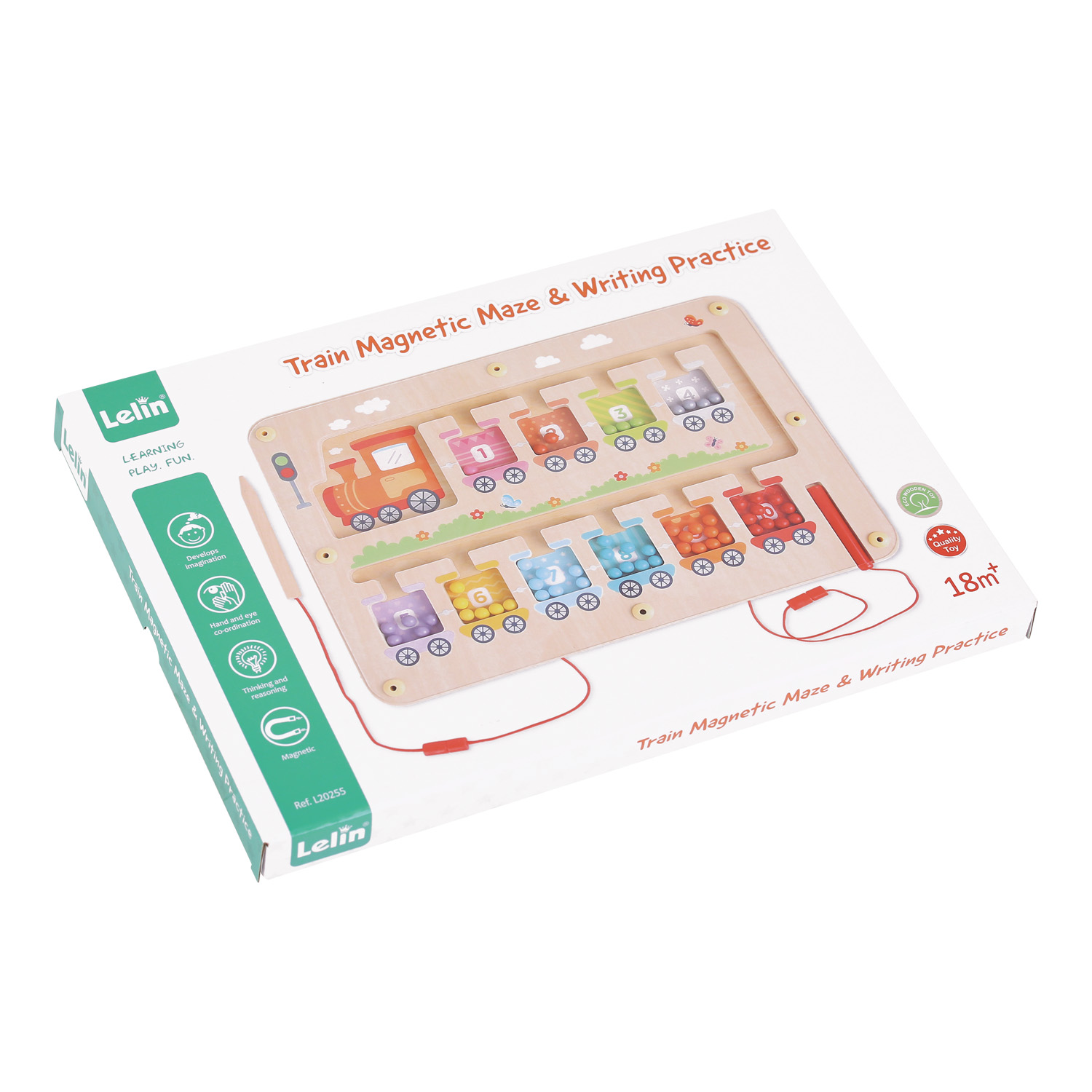 Caixa de brinquedo educativo em madeira com trem e peças coloridas magnéticas