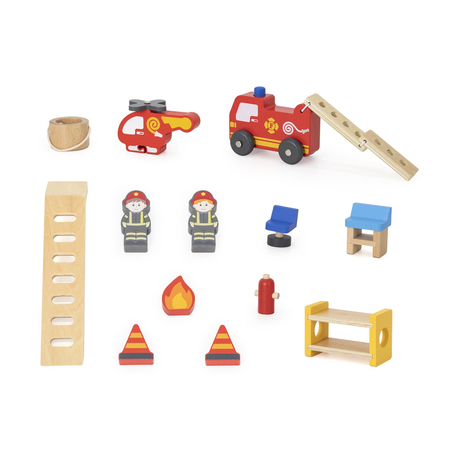 Brinquedos de madeira de bombeiros com veículo, helicóptero, figuras, cones e acessórios.