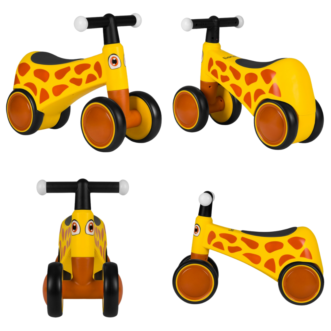 Brinquedo de andar amarelo com manchas castanhas e guiador preto para crianças