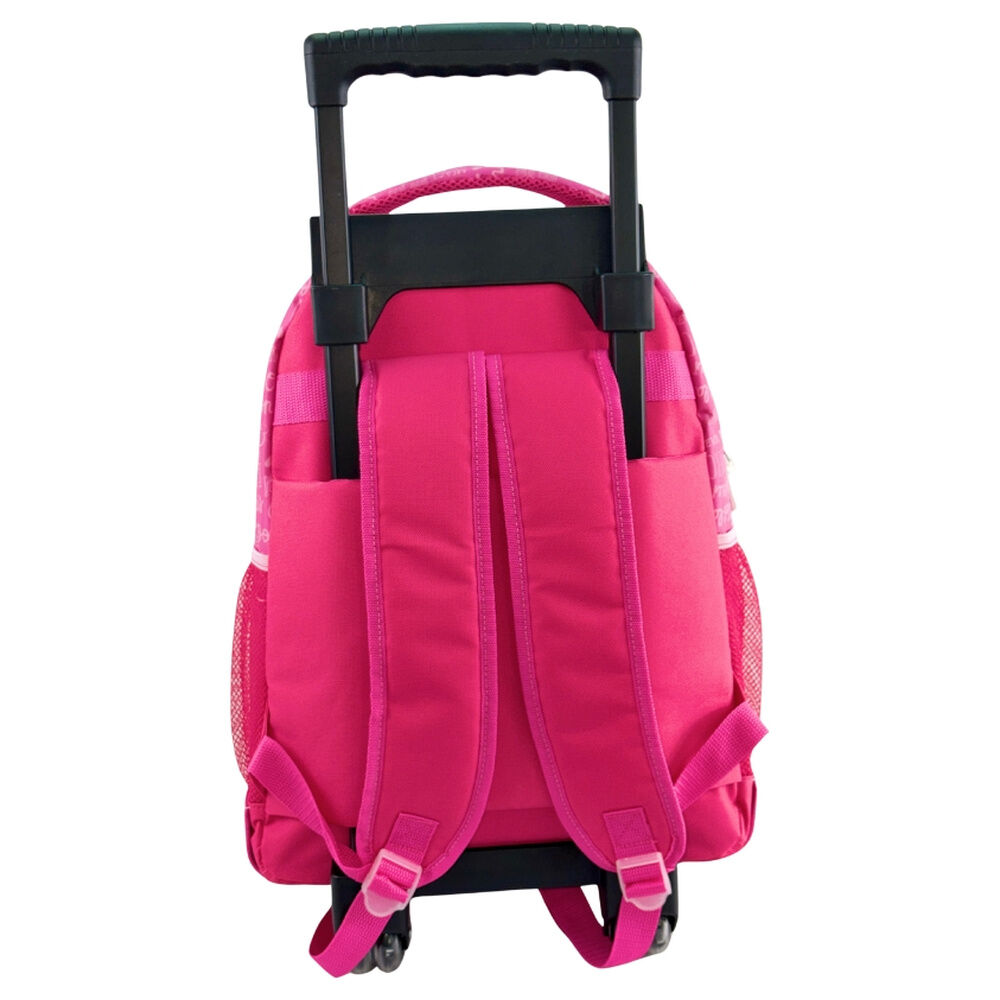 Mochila de rodinhas cor-de-rosa com alças acolchoadas e puxador retrátil preto