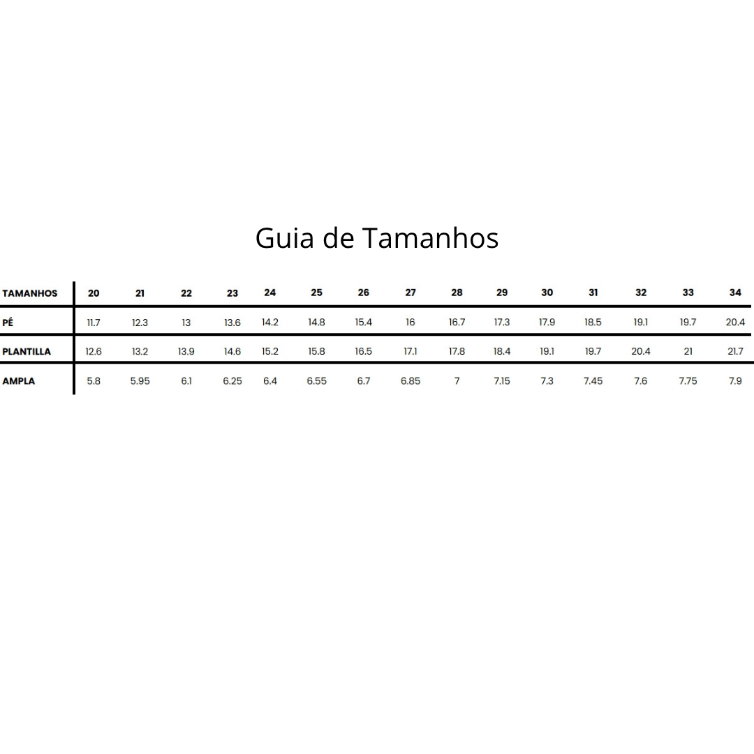 Tabela de guia de tamanhos com medidas de pé, plantilla e ampla para tamanhos 20 a 34