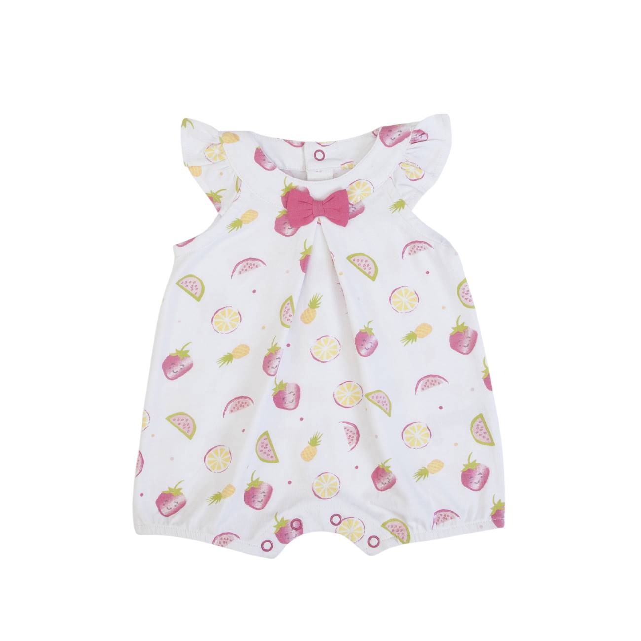 Macacão curto branco com estampado de frutas e laço rosa para bebé