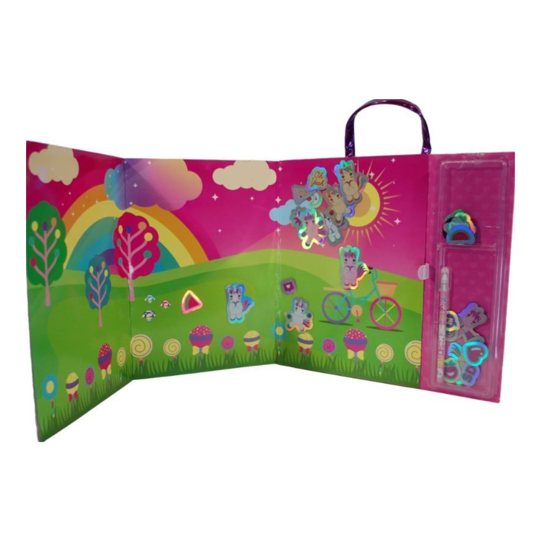 Painel infantil colorido com unicórnios e acessórios magnéticos