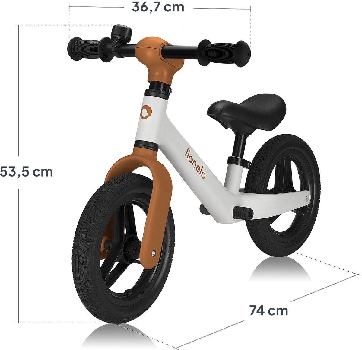 Bicicleta de equilíbrio branca e castanha para crianças com pneus e selim pretos.