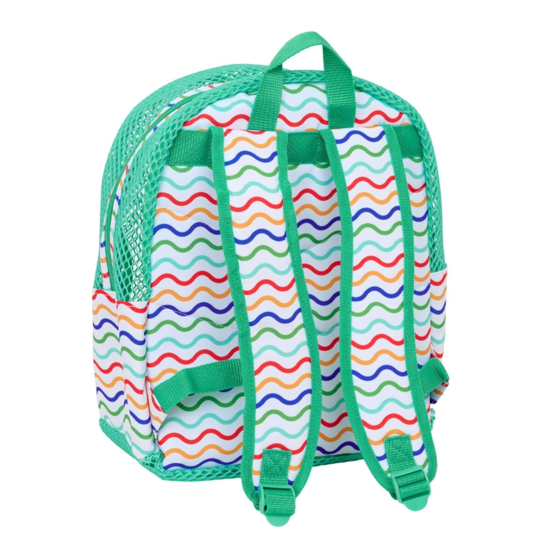 Mochila infantil colorida com ondas e detalhes verdes