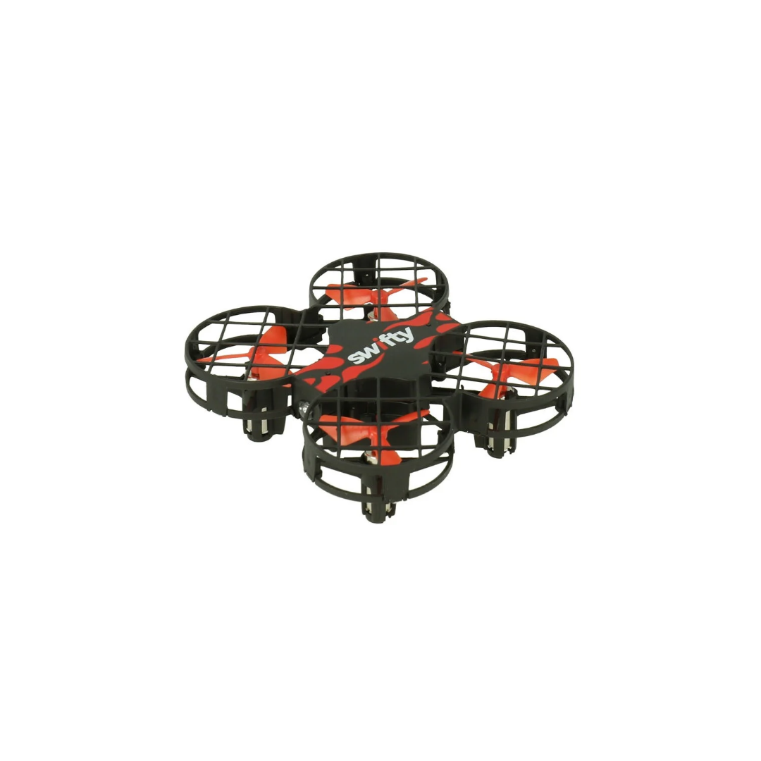 Drone pequeno com hélices protegidas e texto swifty