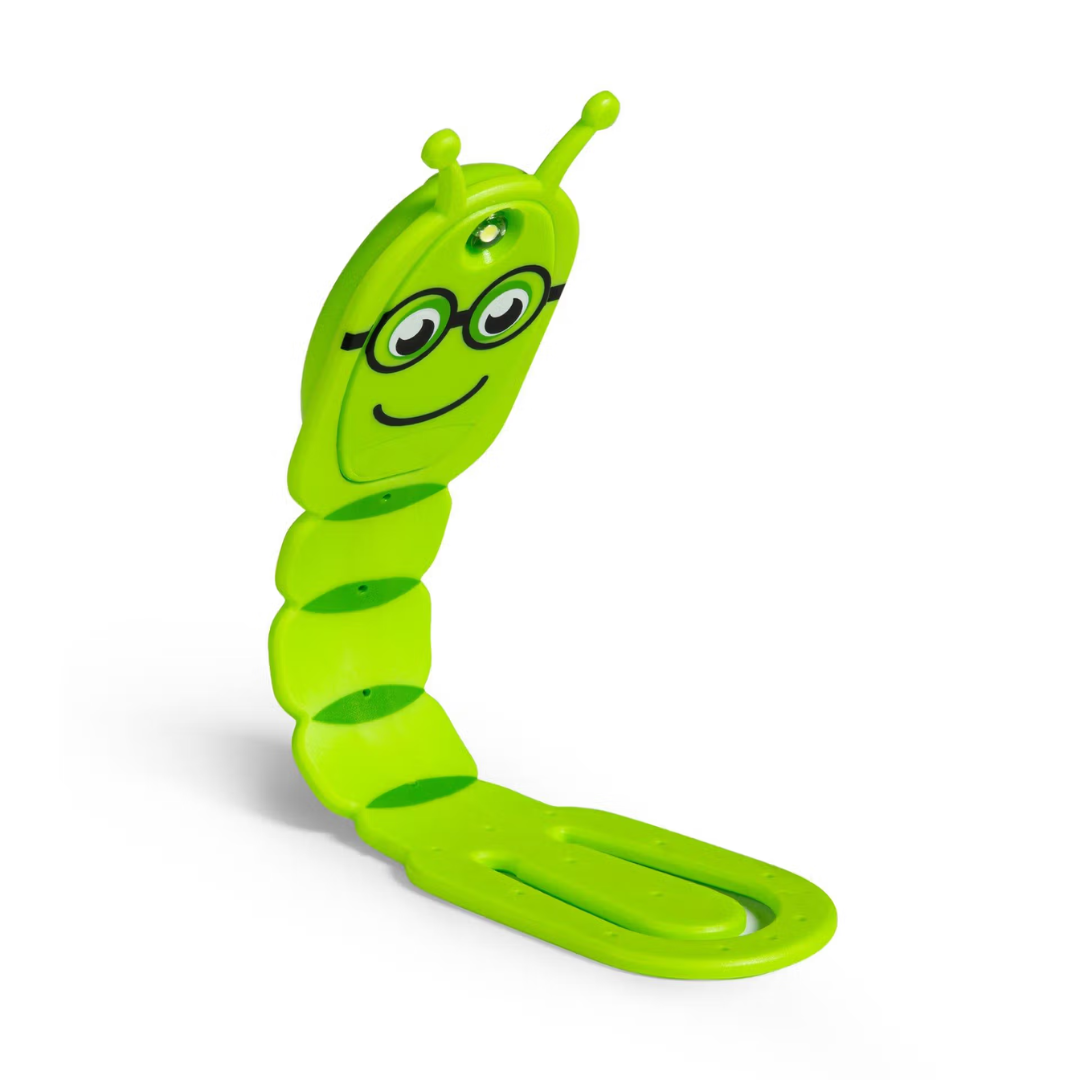 Suporte dobrável verde em forma de lagarta com olhos e óculos