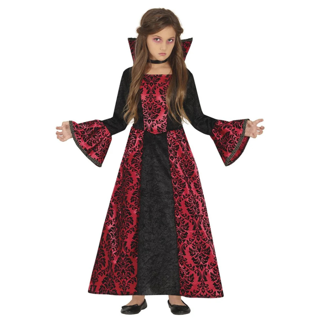 Vestido infantil vermelho e preto com padrão barroco e mangas largas