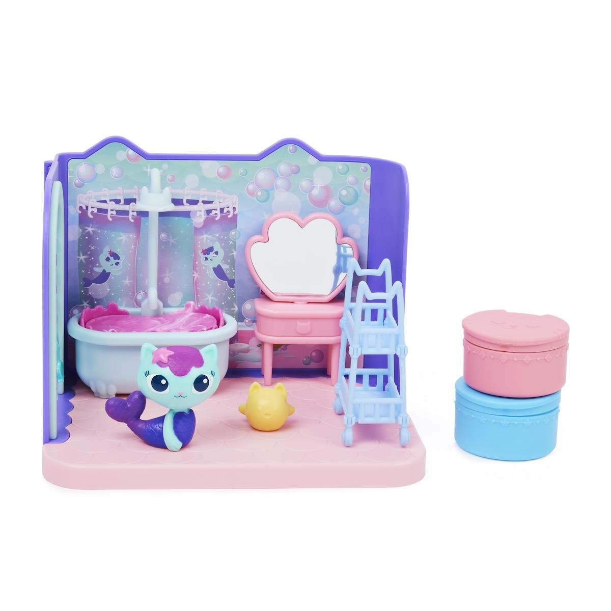 Brinquedo de casa de banho com banheira, penteadeira, escadote, recipientes e figuras de animais