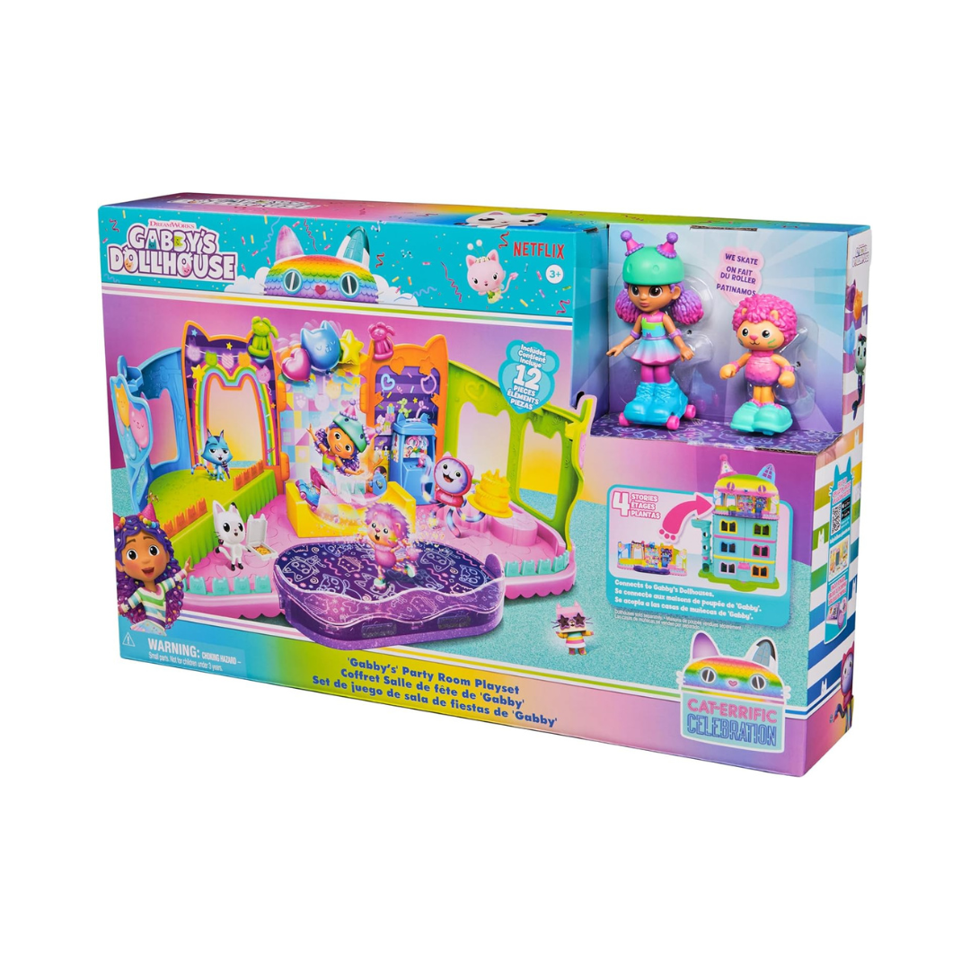Caixa de brinquedo Gabbys Dollhouse com set de festa e duas figuras com patins