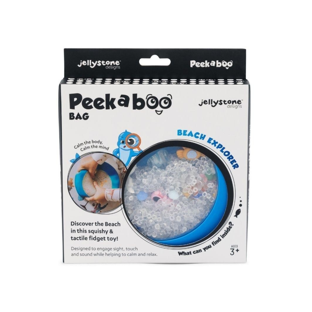 Embalaem do Peekaboo Bag Beach Explorer Jellystone com janela redonda mostrando pequenas esferas e objetos no interior