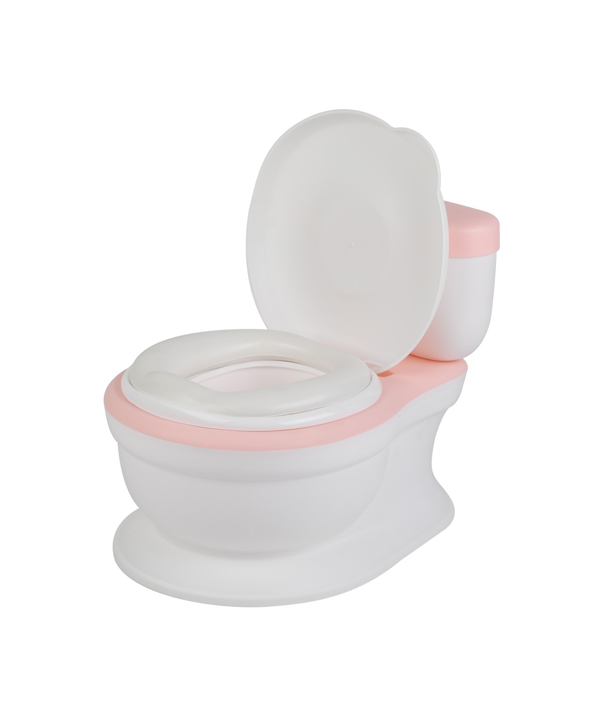 Sanita treino infantil plástico branco e rosa com tampa aberta e assento almofadado