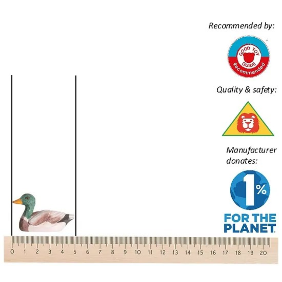Brinquedo de pássaro pendurado ao lado de régua com logótipos de certificação e texto à direita
