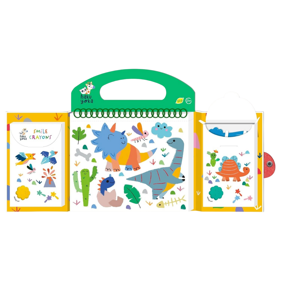 Kit de desenhos para colorir e lápis com personagens de dinossauros coloridos.