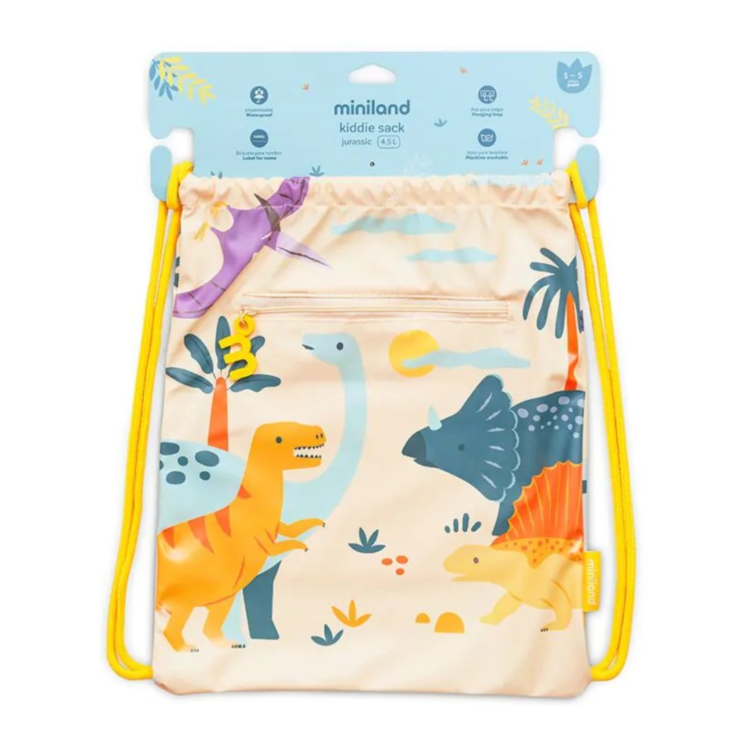 Saco infantil com estampa de dinossauros coloridos e cordões amarelos