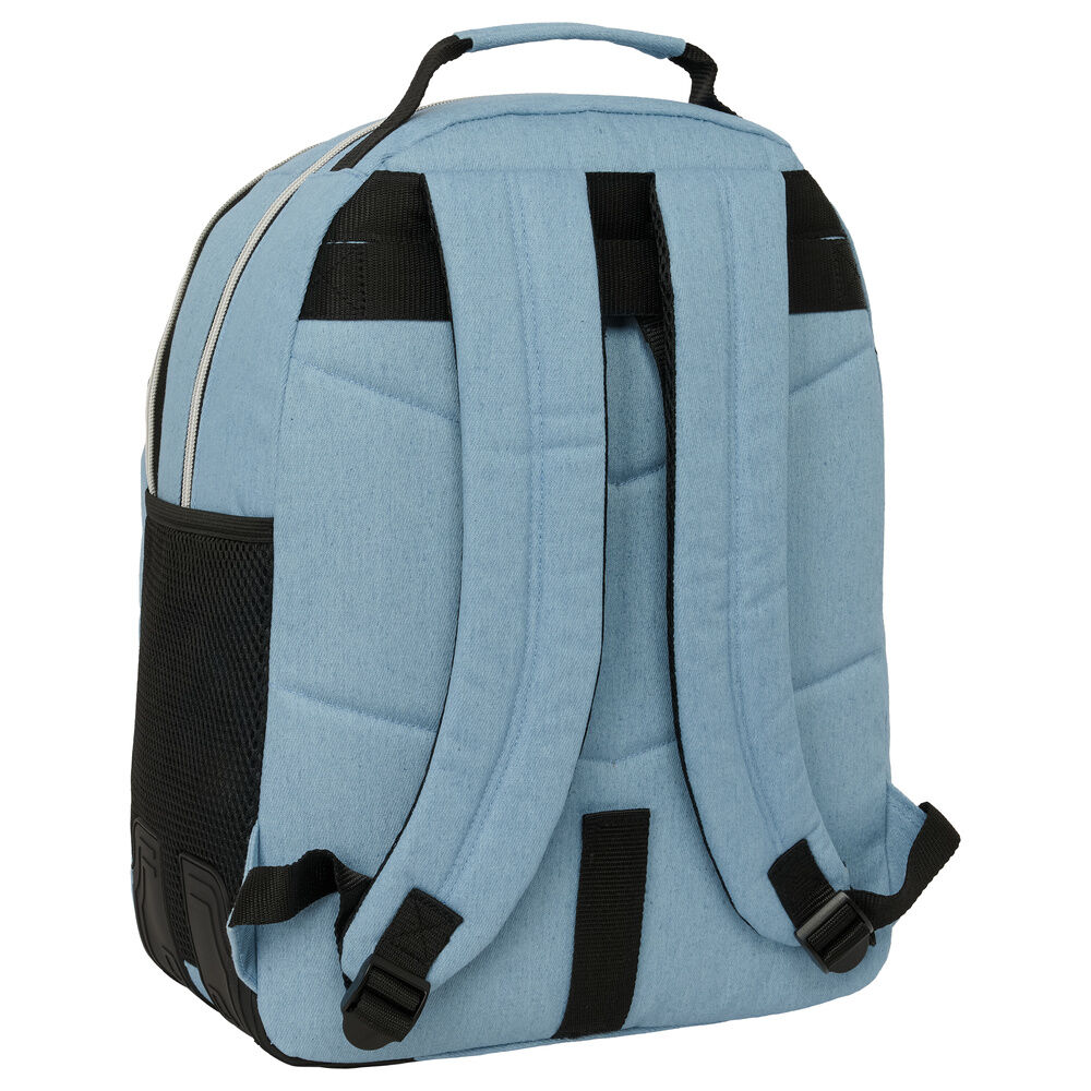 Mochila azul clara com alças acolchoadas vista de costas