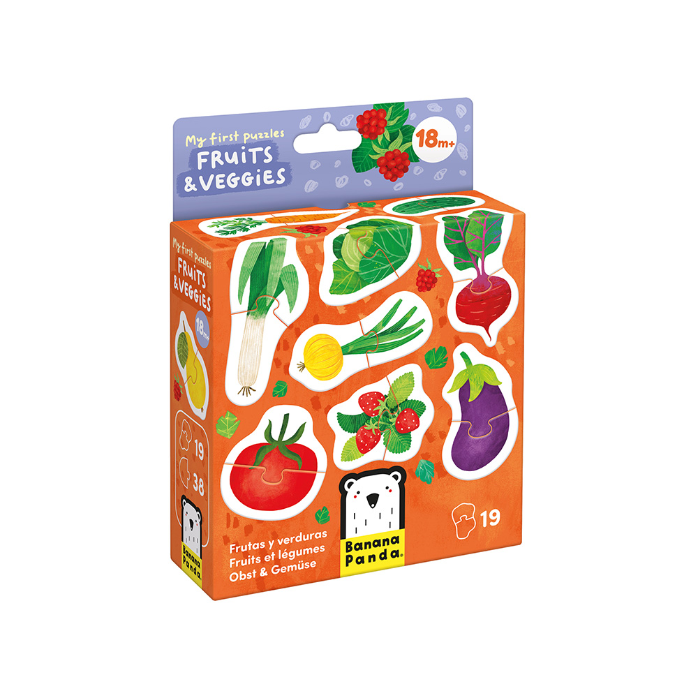 Caixa de puzzle infantil de frutas e vegetais com ilustrações coloridas em fundo laranja