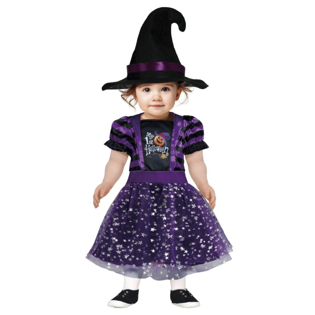 Fato de Halloween roxo e preto para criança com chapéu de bruxa e texto My 1st Halloween