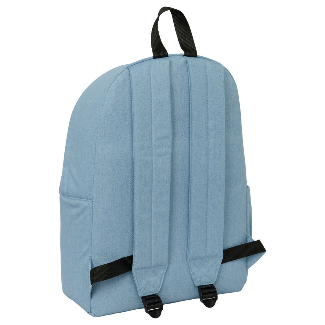 Mochila azul clara vista de trás com alças pretas ajustáveis