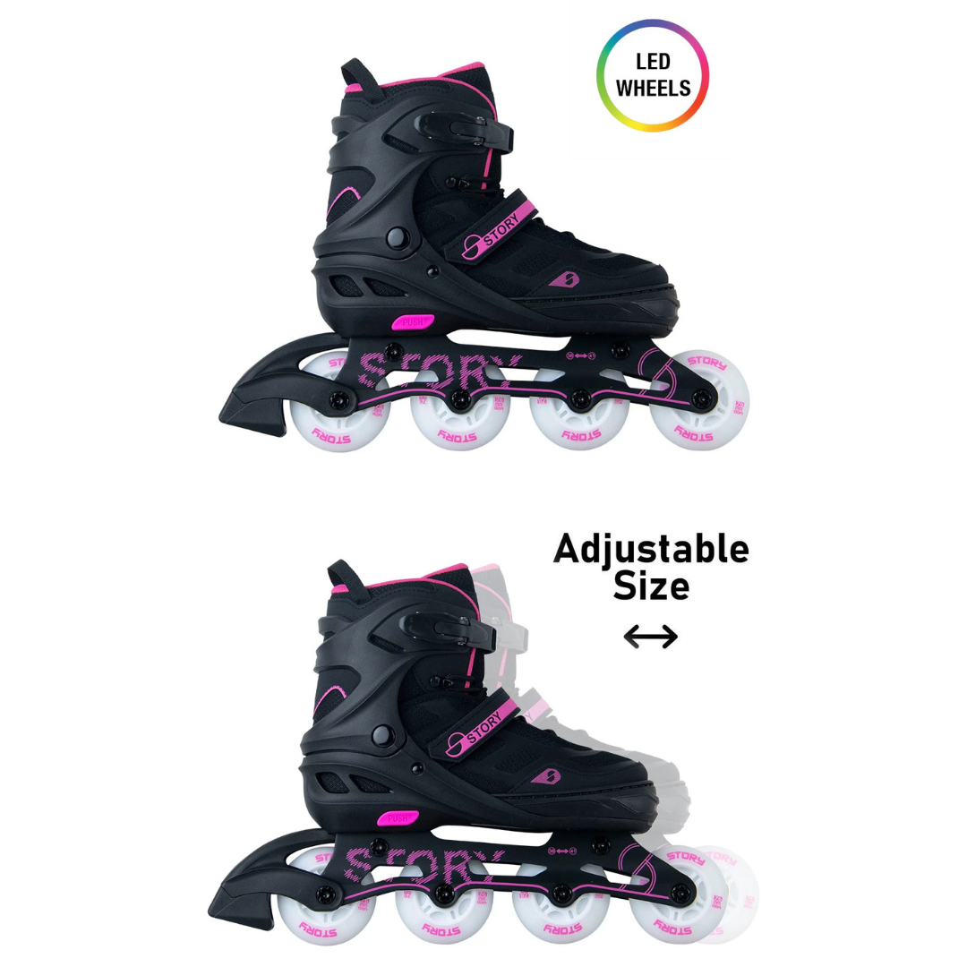 Patins em linha ajustáveis pretos e rosa com rodas brancas e texto STORY