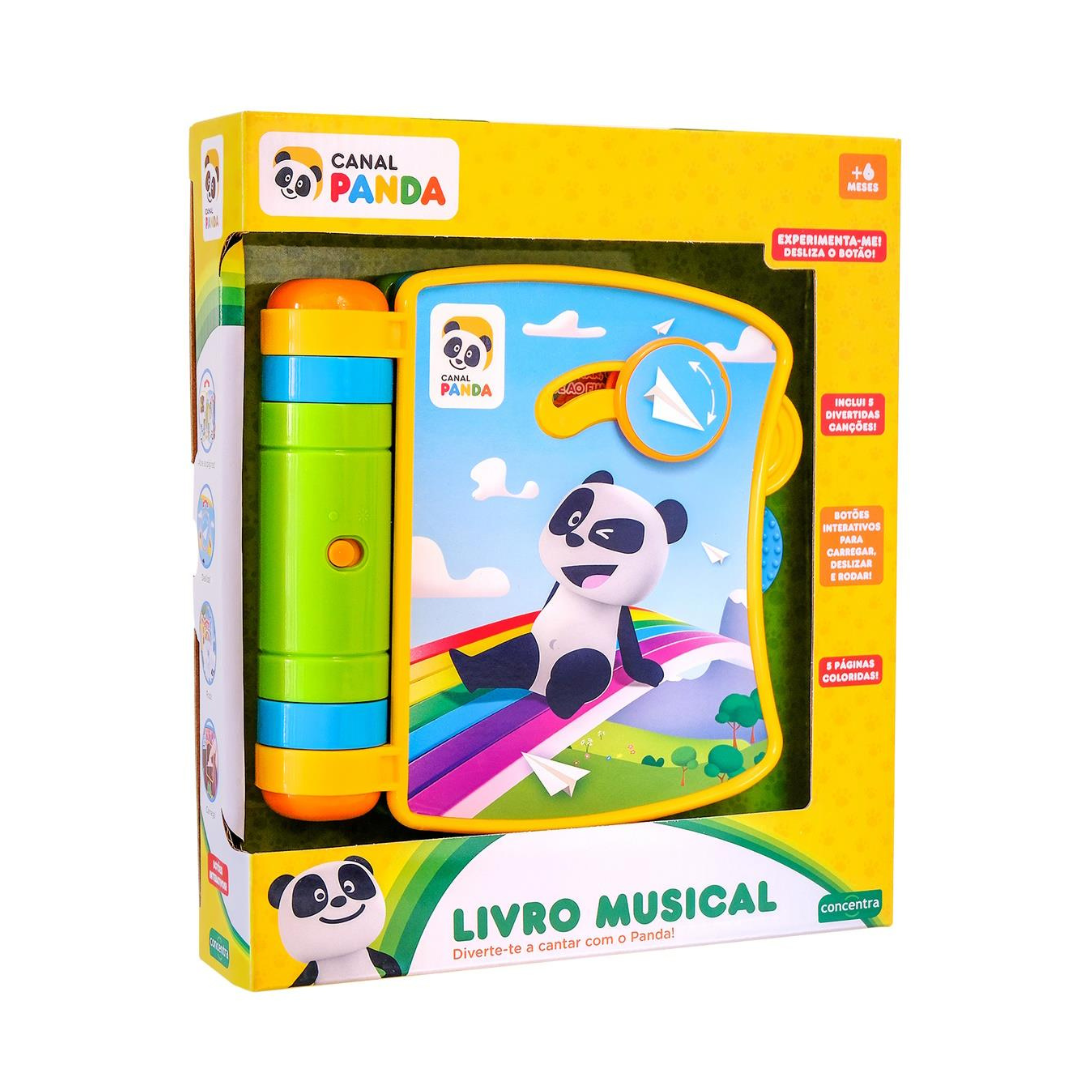 Livro musical infantil Canal Panda colorido com panda e arco-íris na capa