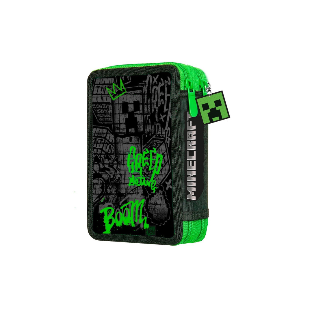 Estojo retangular preto com grafitis verdes e fecho verde fluorescente, com texto MINECRAFT e pendente pixelado