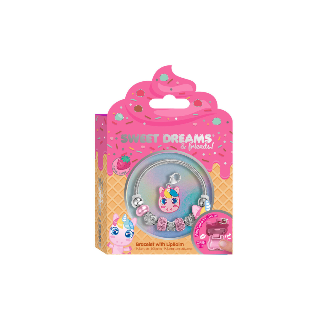 Pulseira com lip balm e embalagem com tema de gelado e unicórnio