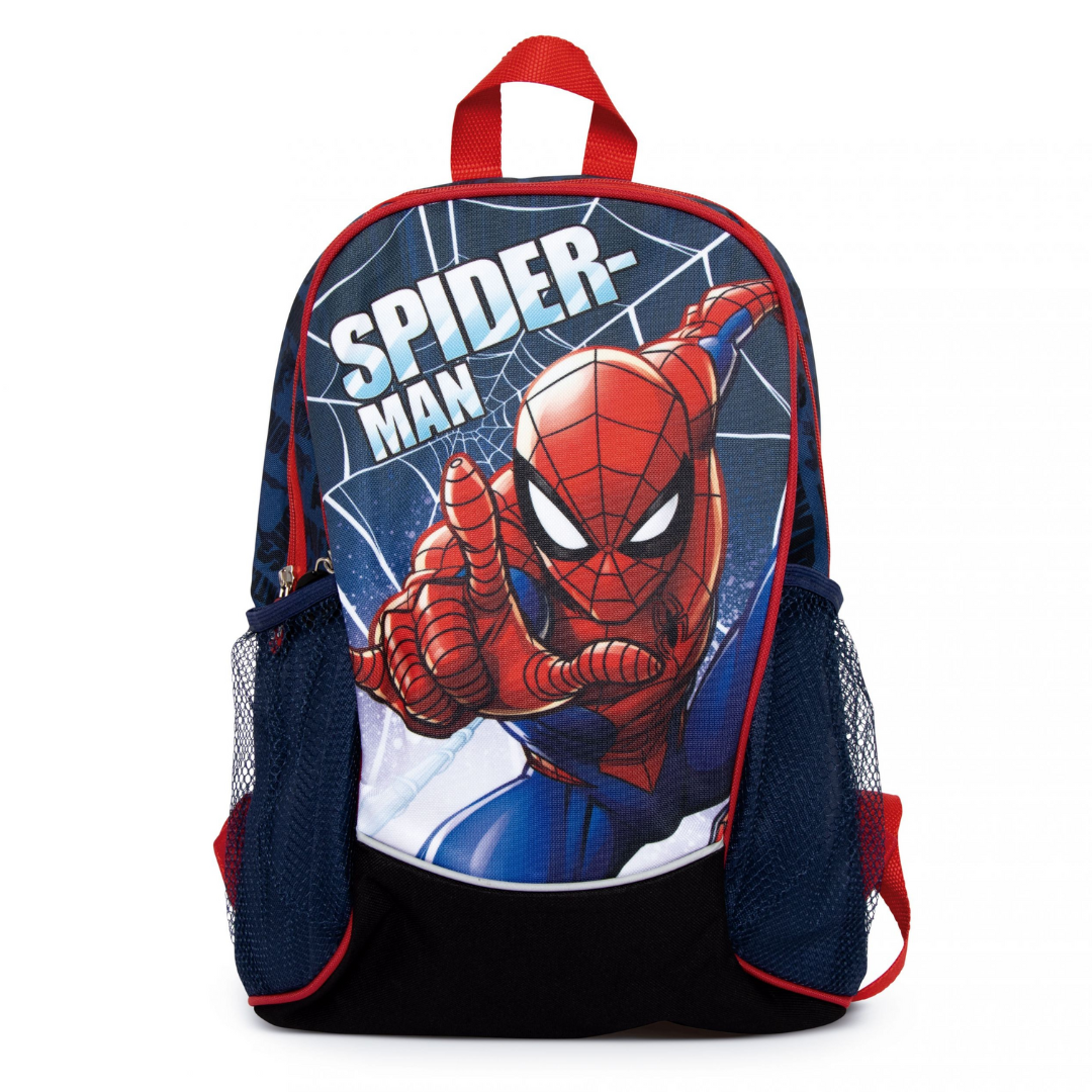 Mochila infantil azul e vermelha com desenho do Spider-Man e texto
