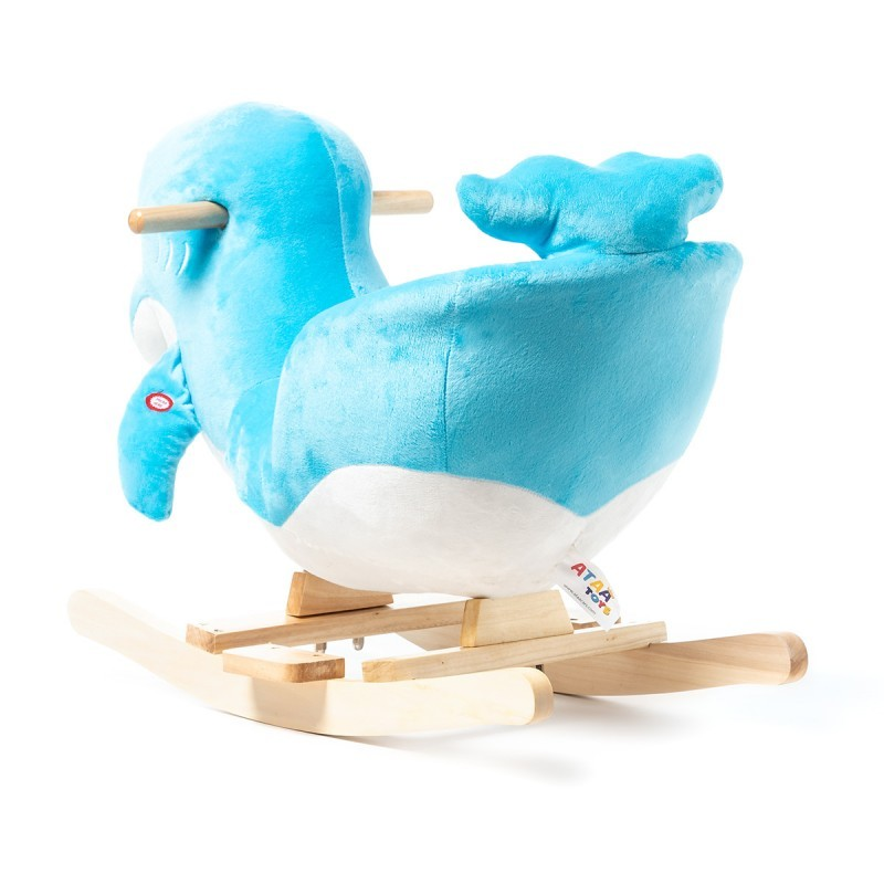 Cavalinho de balanço infantil azul e branco com base de madeira