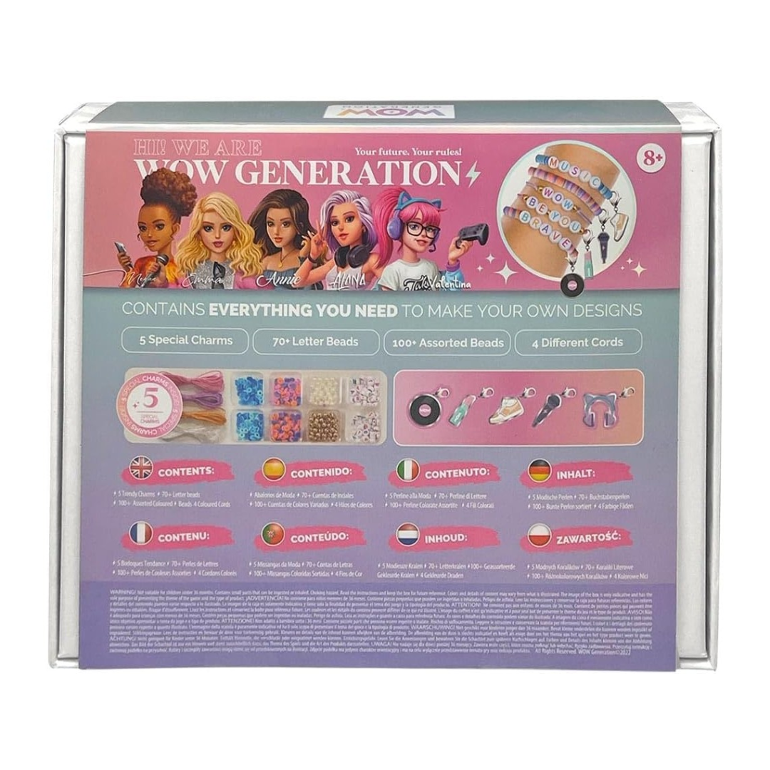 Caixa de kit WOW GENERATION com contas e acessórios para fazer bijuteria, com imagens de cinco personagens femininas e texto em inglês.