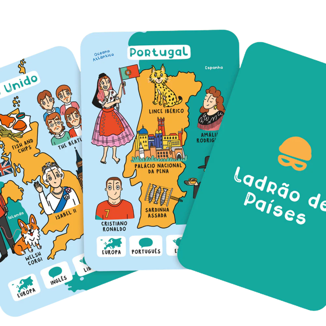 Cartas ilustradas do jogo Ladrão de Países com mapas e figuras culturais