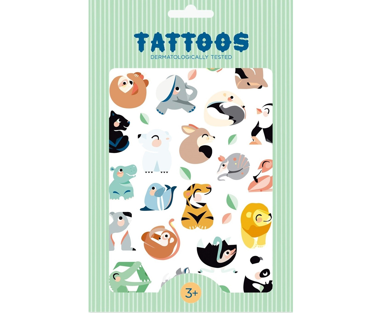 Pacote de tatuagens temporárias com desenhos de vários animais coloridos para crianças
