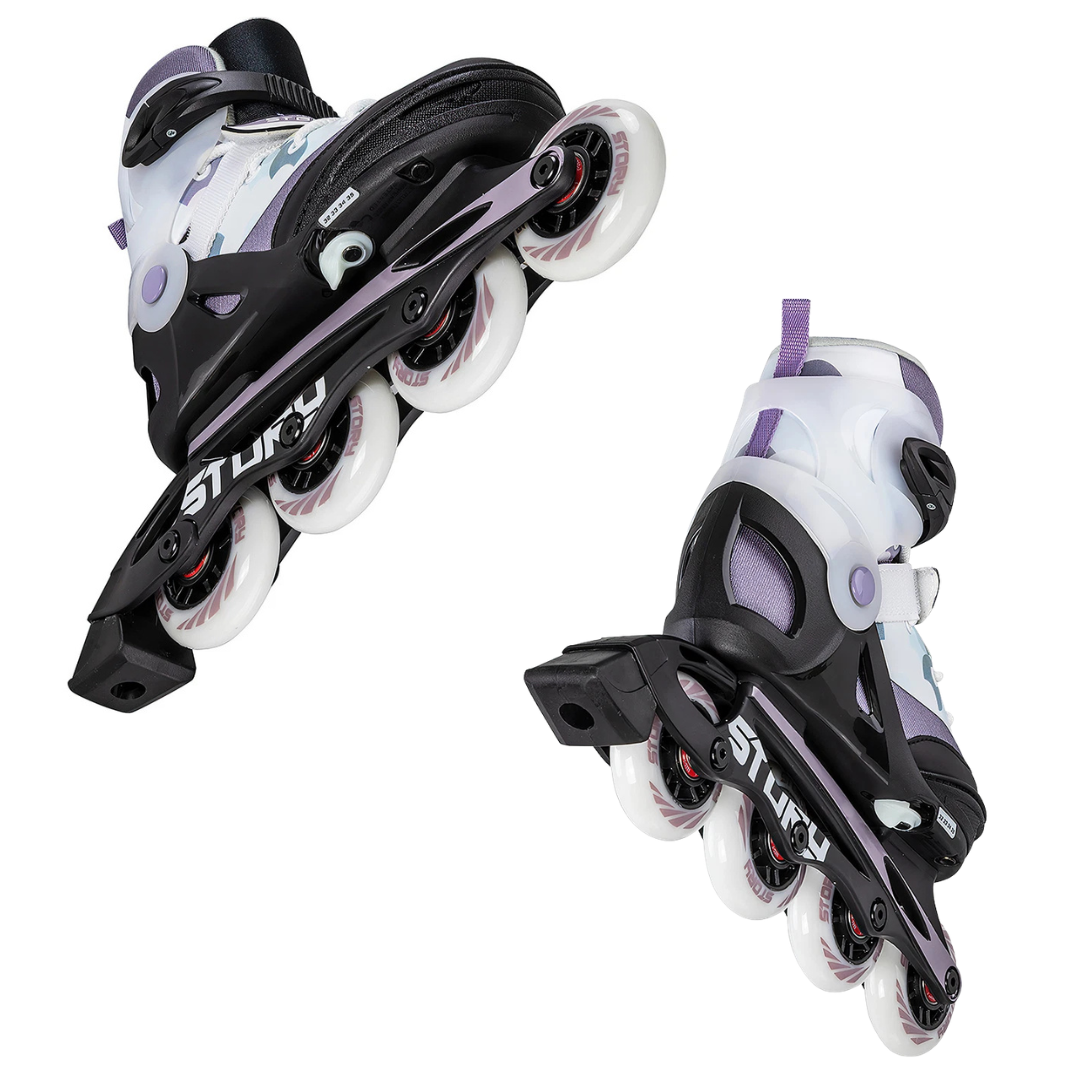 Patins em linha branco, lilás e preto com rodinhas brancas e texto STORM