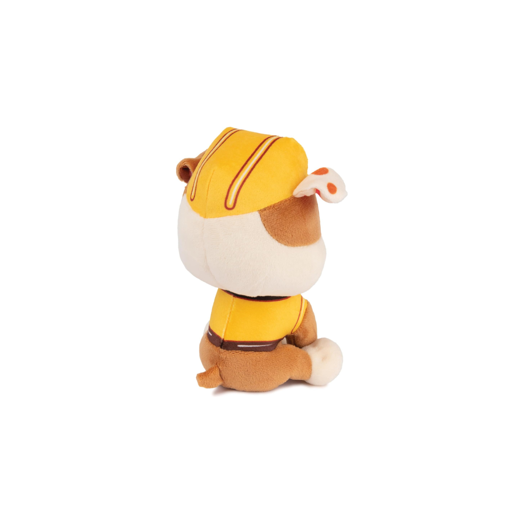 Pelúcia de cão de costas com colete e capacete amarelos