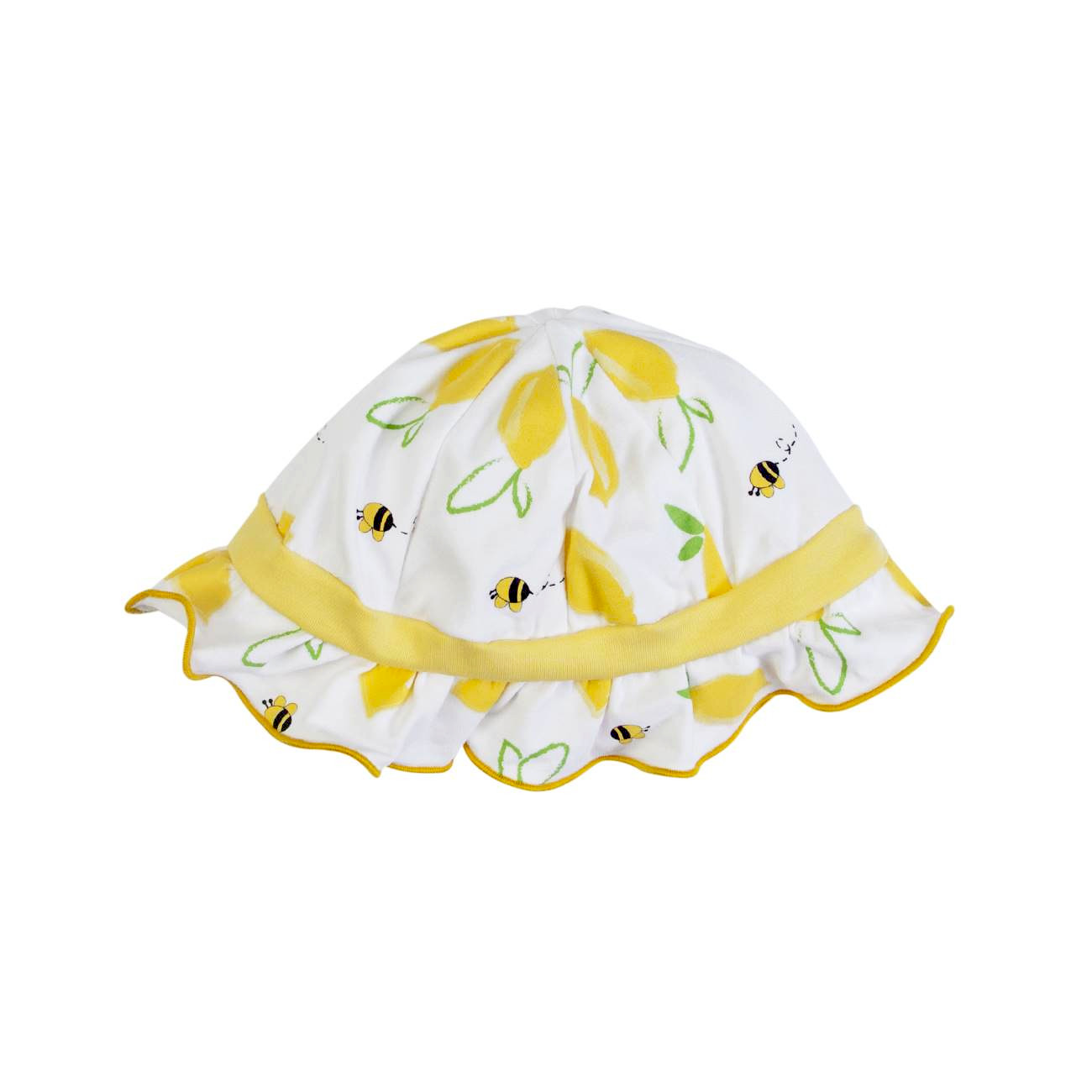 Chapéu infantil branco com padrão de limões e abelhas