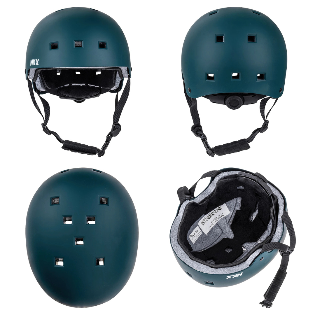 Capacete de proteção verde escuro com aberturas quadradas e cinta preta