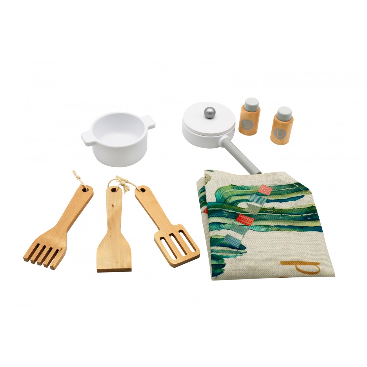 Conjunto de brinquedo de cozinha com tacho, frigideira, utensílios de madeira, frascos e pano colorido