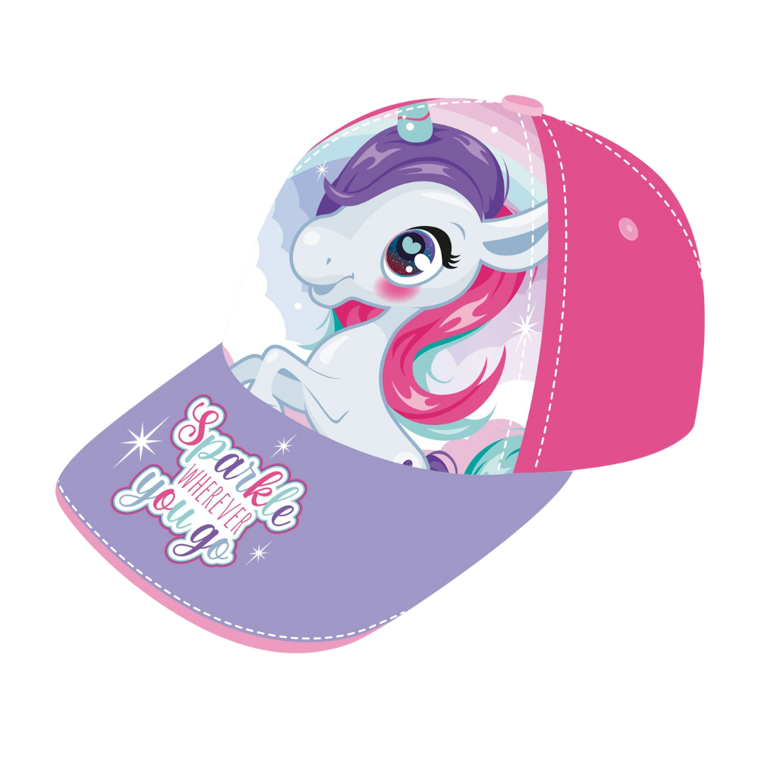 Boné rosa e roxo com estampa de unicórnio e texto 'Sparkle wherever you go'