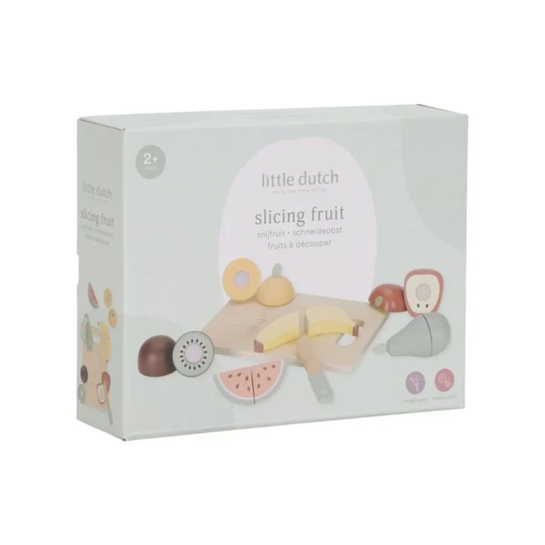 Conjunto de frutas de madeira para cortar Little Dutch em caixa branca.