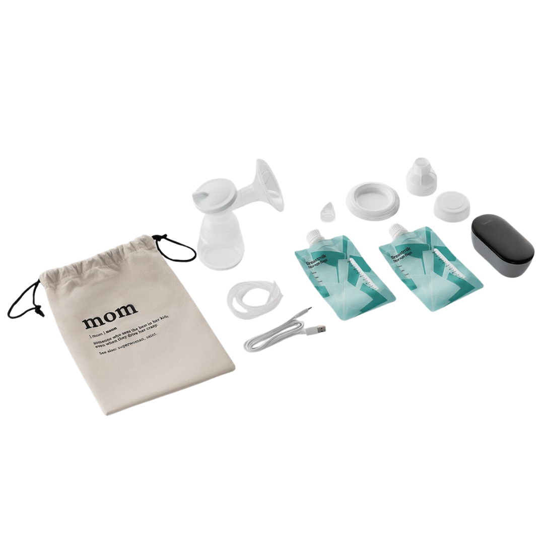 Conjunto de extração de leite materno branco com vários acessórios e bolsa de tecido