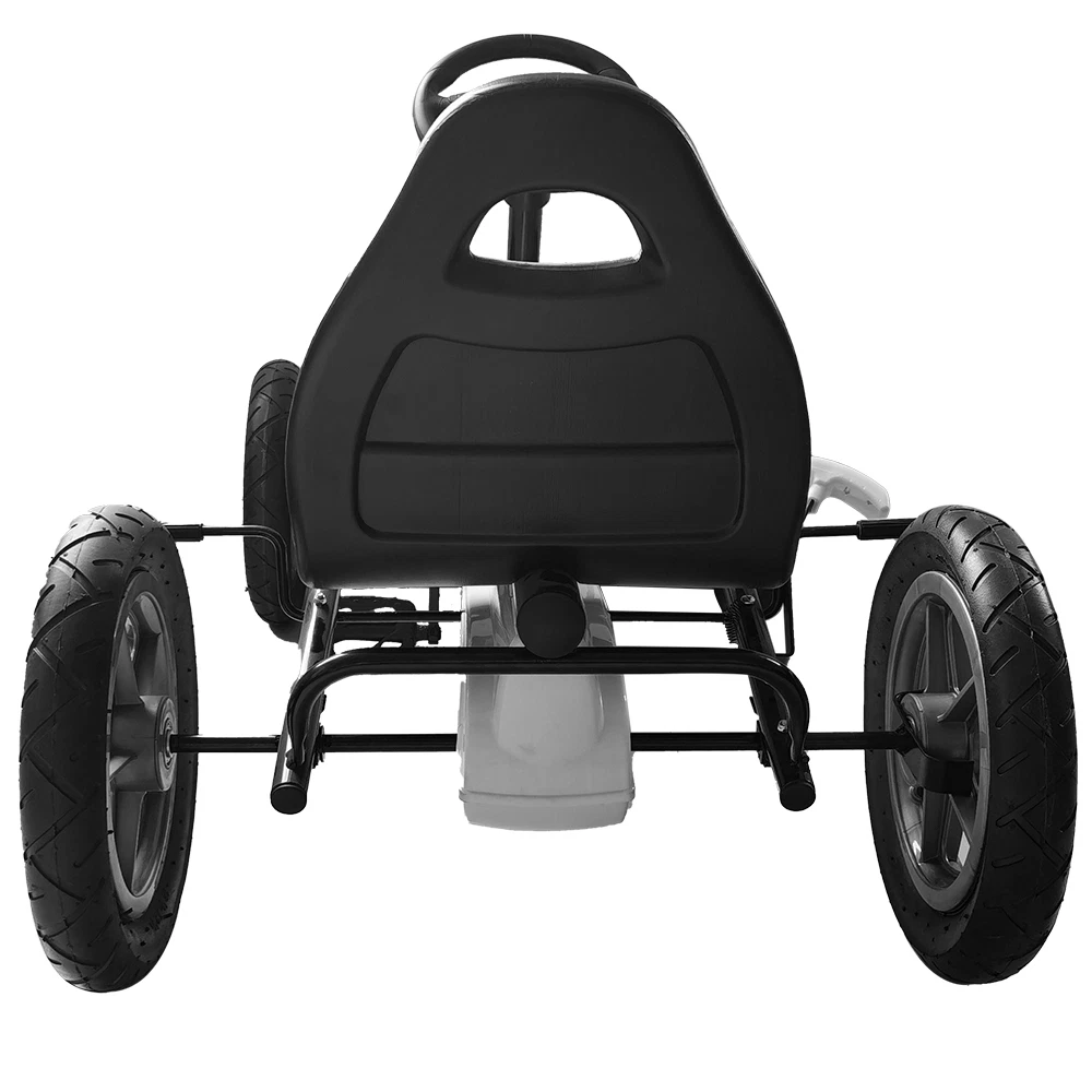 Carrinho de pedal vista traseira com assento preto e rodas grandes