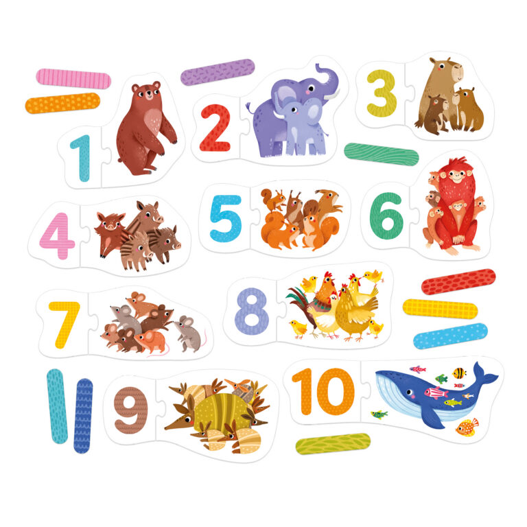 Puzzles numerados com ilustrações de animais sobre fundo branco.